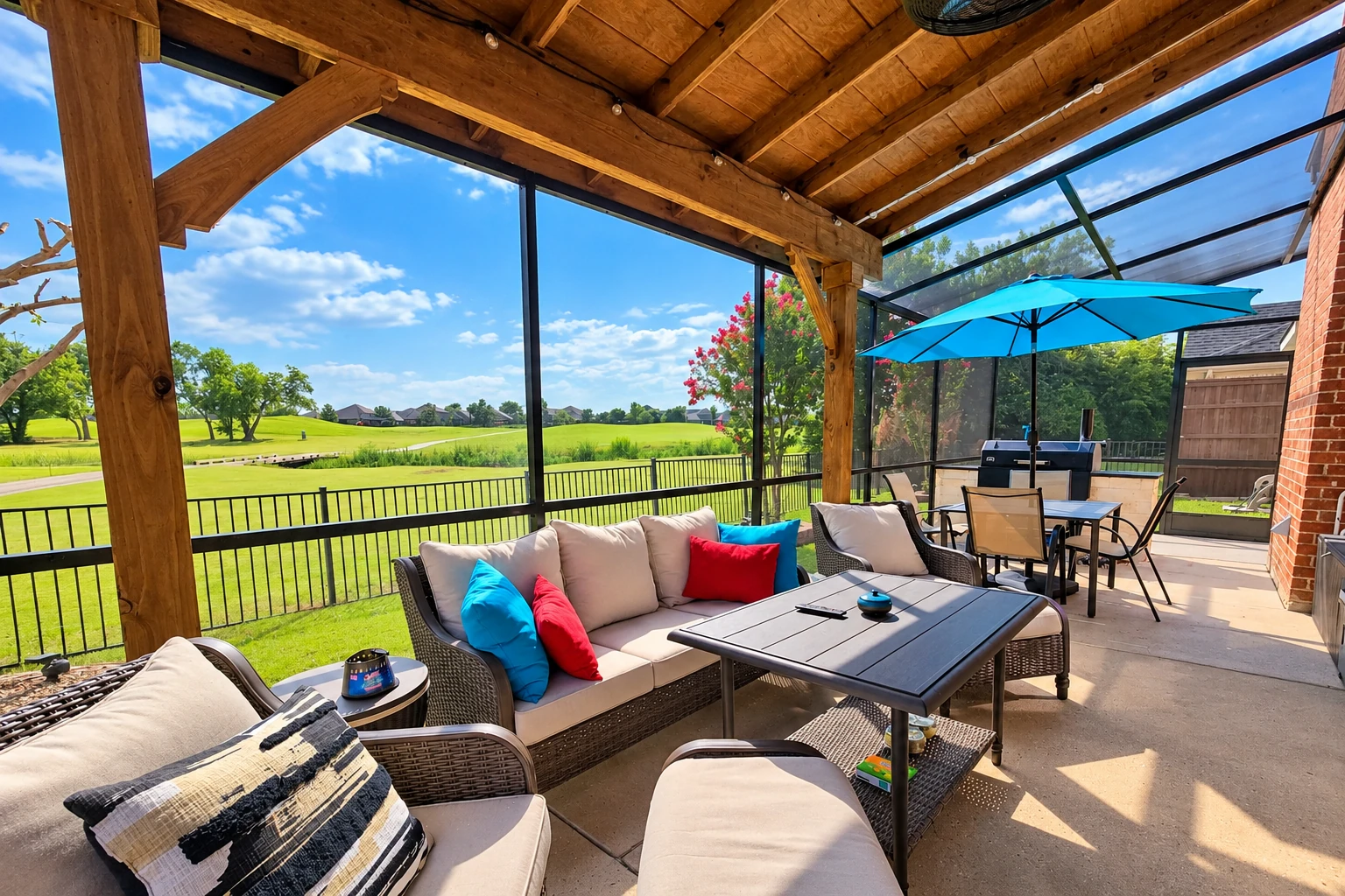 Covered patio enclosure with a timber ceiling, screened walls, wicker seating, and a dining area overlooking a lawn.