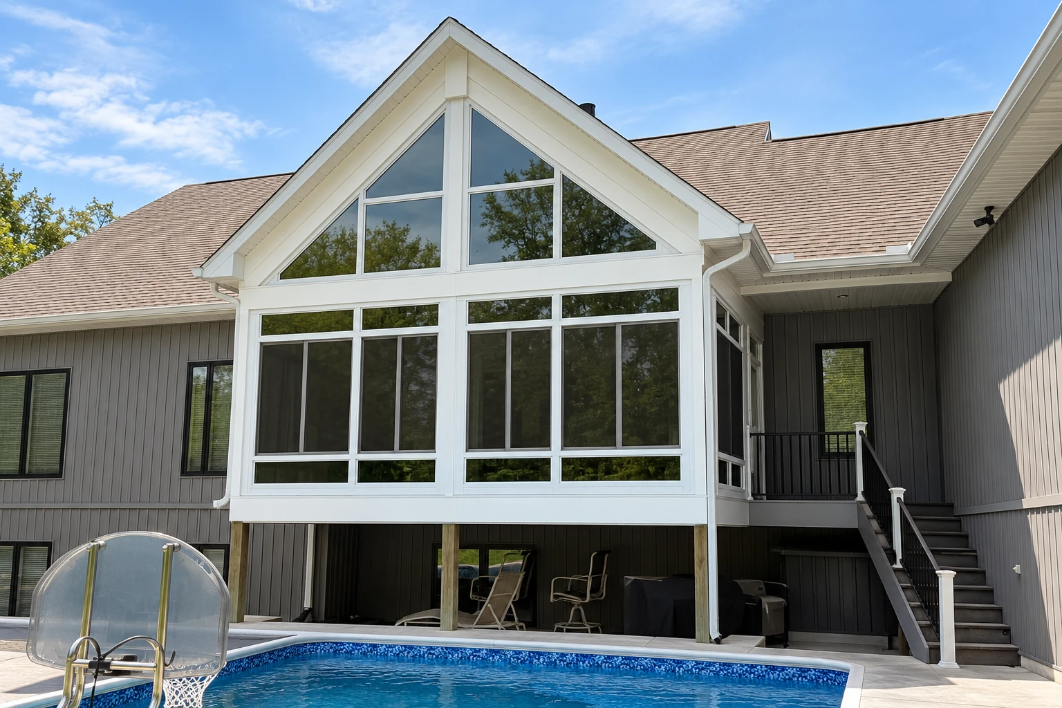 A white-framed sunroom with a tall gable window encloses an elevated deck above a swimming pool.