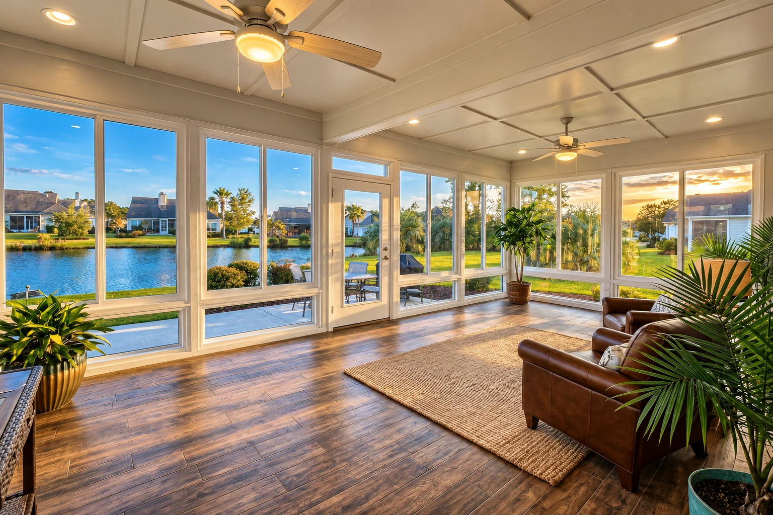 Enclosed patio room with white-framed windows, wood-look flooring, ceiling fans, and a view of a canal at sunset.