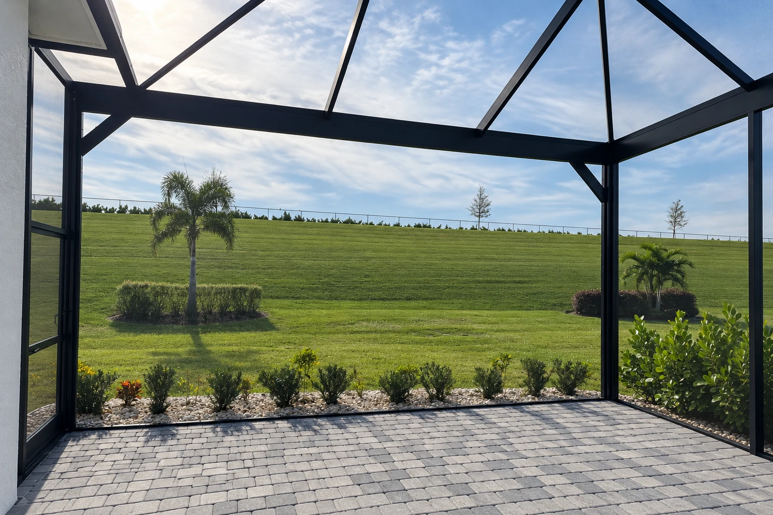 Enclosed patio room with a black metal frame, open paved floor, and broad views of a lawn and palms.