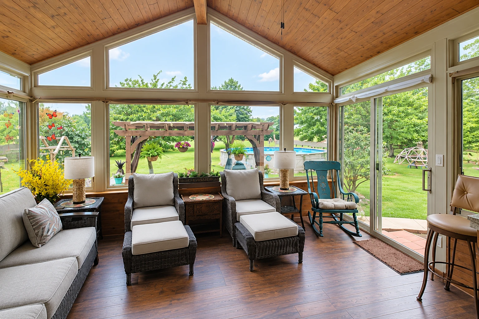 Four-season sunroom with a wood-plank vaulted ceiling, wicker seating, and wide windows overlooking a garden and pool.