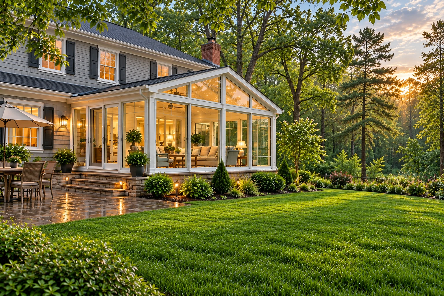 Enclosed patio with a glass sunroom, outdoor dining set, and landscaped lawn at sunset.