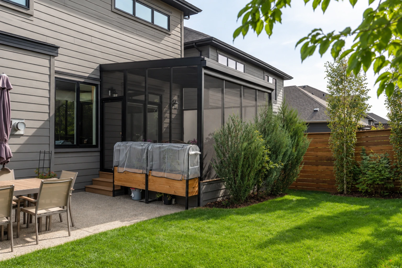 A dark-framed screened patio enclosure extends from a gray house beside a patio table and garden beds.