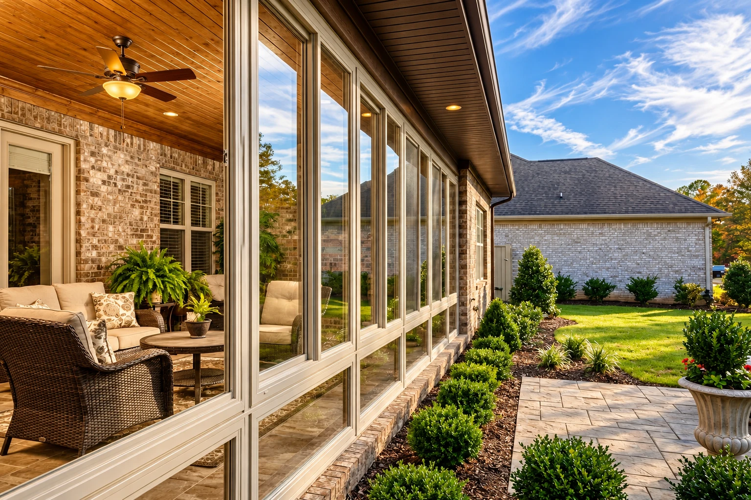 Patio converted into a sunroom with tall white-framed windows, brick walls, wicker seating, and a landscaped yard.
