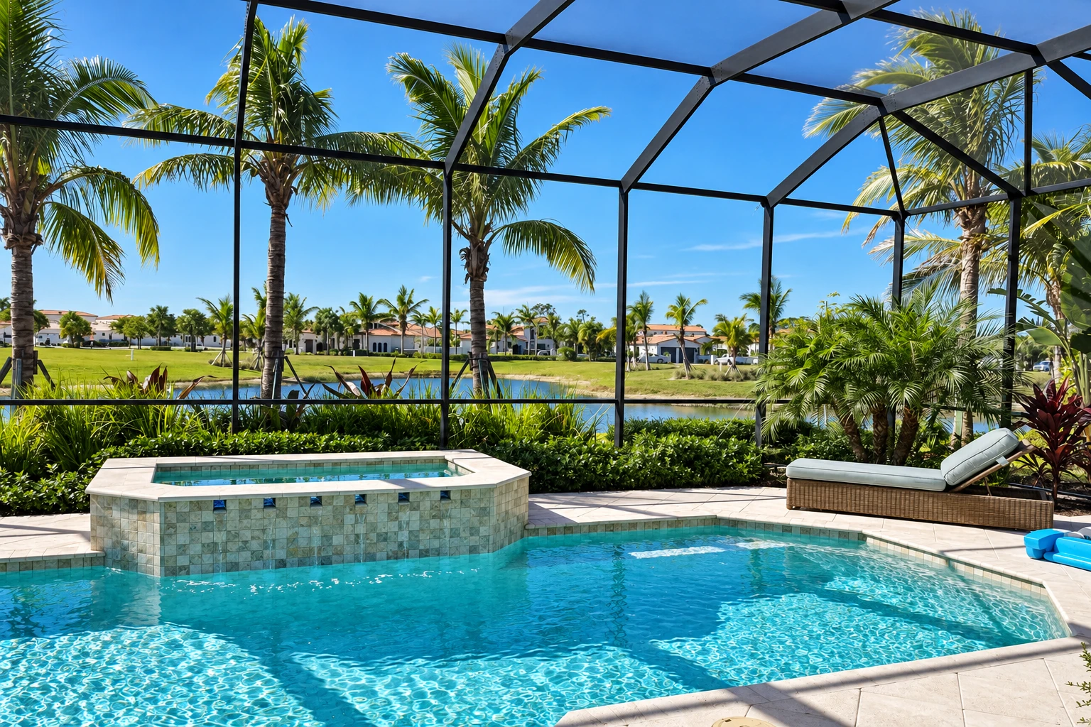 A screened pool enclosure with a black frame surrounds a swimming pool and spa amid palms and garden plants.