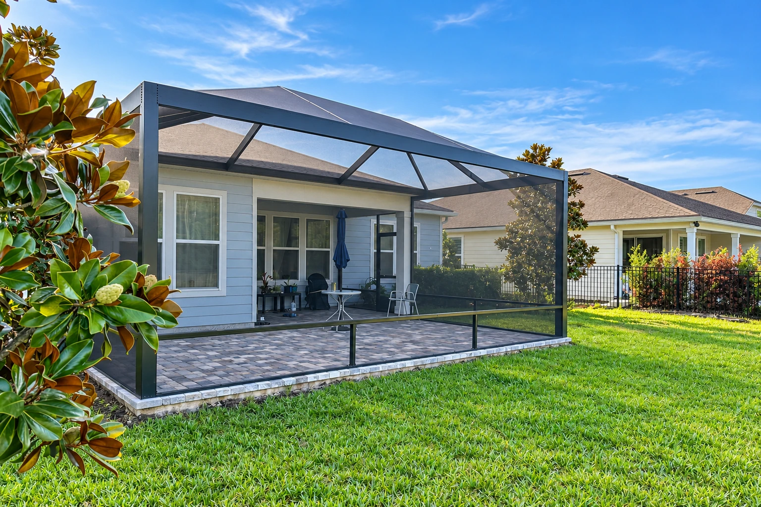 Screen room enclosure with dark mesh walls and a sloped roof over a paved patio beside a light-blue house.