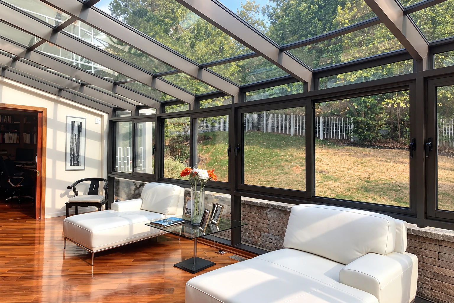Solarium with a glass-paneled roof, dark window frames, white lounge seating, and views of a wooded yard.