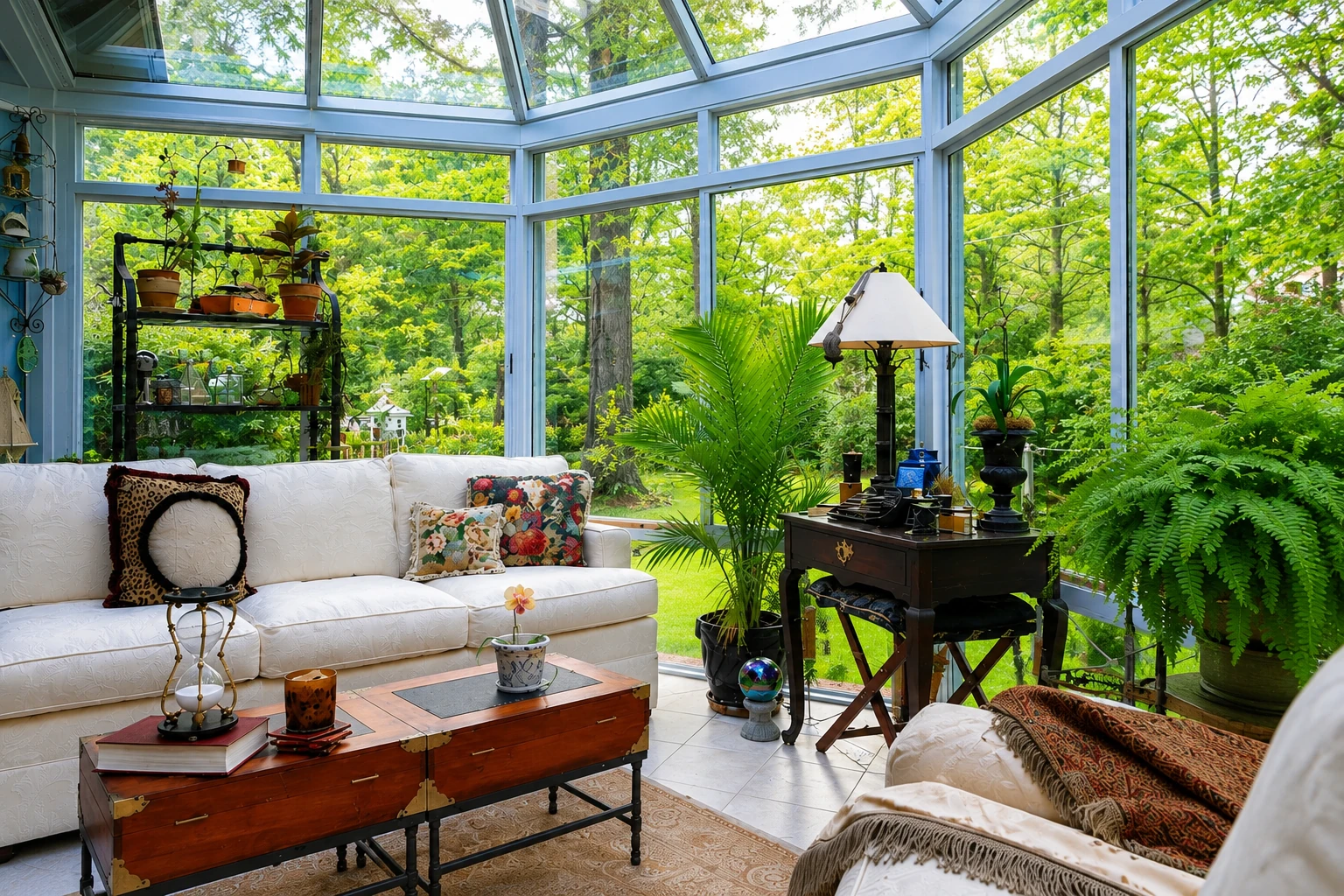 Sunroom addition with a glass roof and walls, leafy garden views, white sofa, plants, and a wooden coffee table.