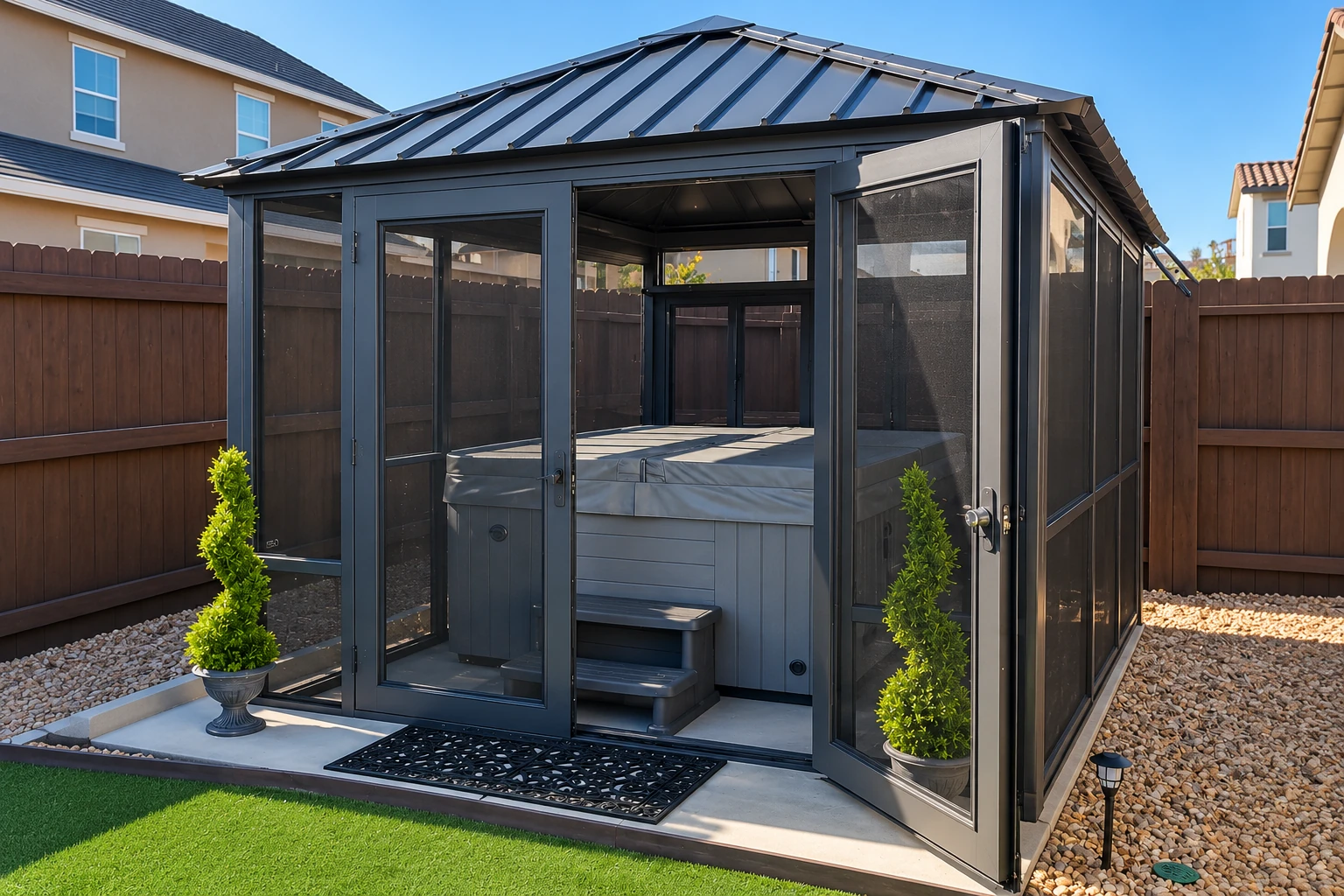 A dark-framed sunroom enclosure with a metal gable roof surrounds a hot tub in a fenced backyard.