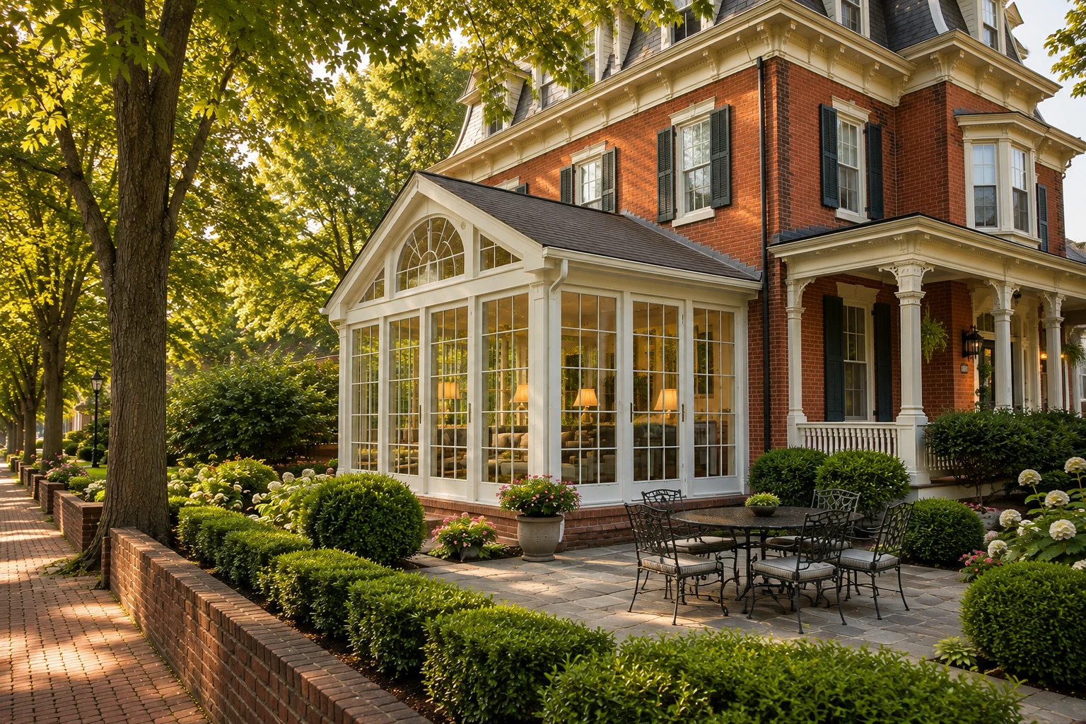 White-framed glass sunroom addition with a peaked roof beside a red-brick house and landscaped patio.