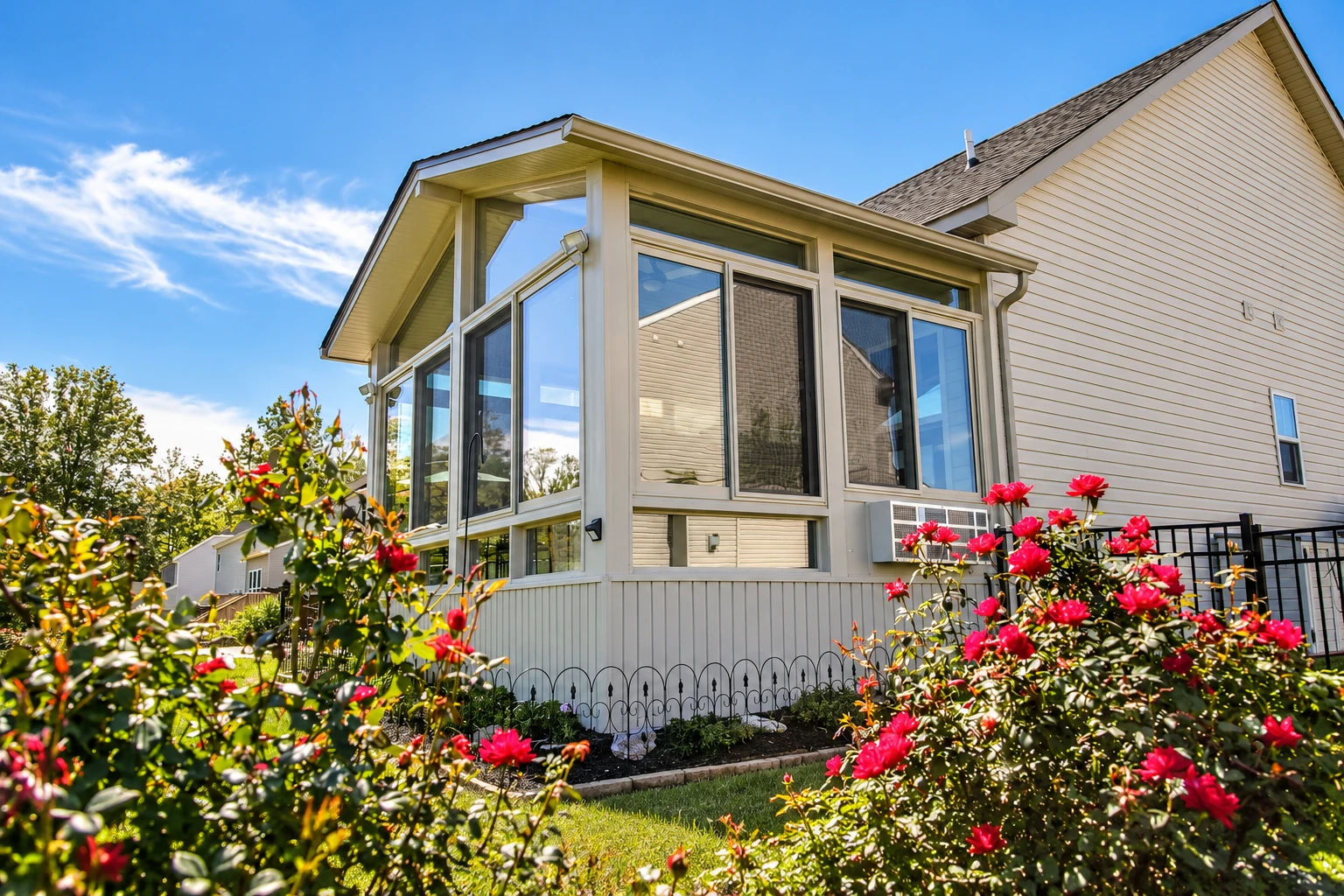Three-season sunroom with white framing and broad windows attached to a light-sided house, amid flowering shrubs.