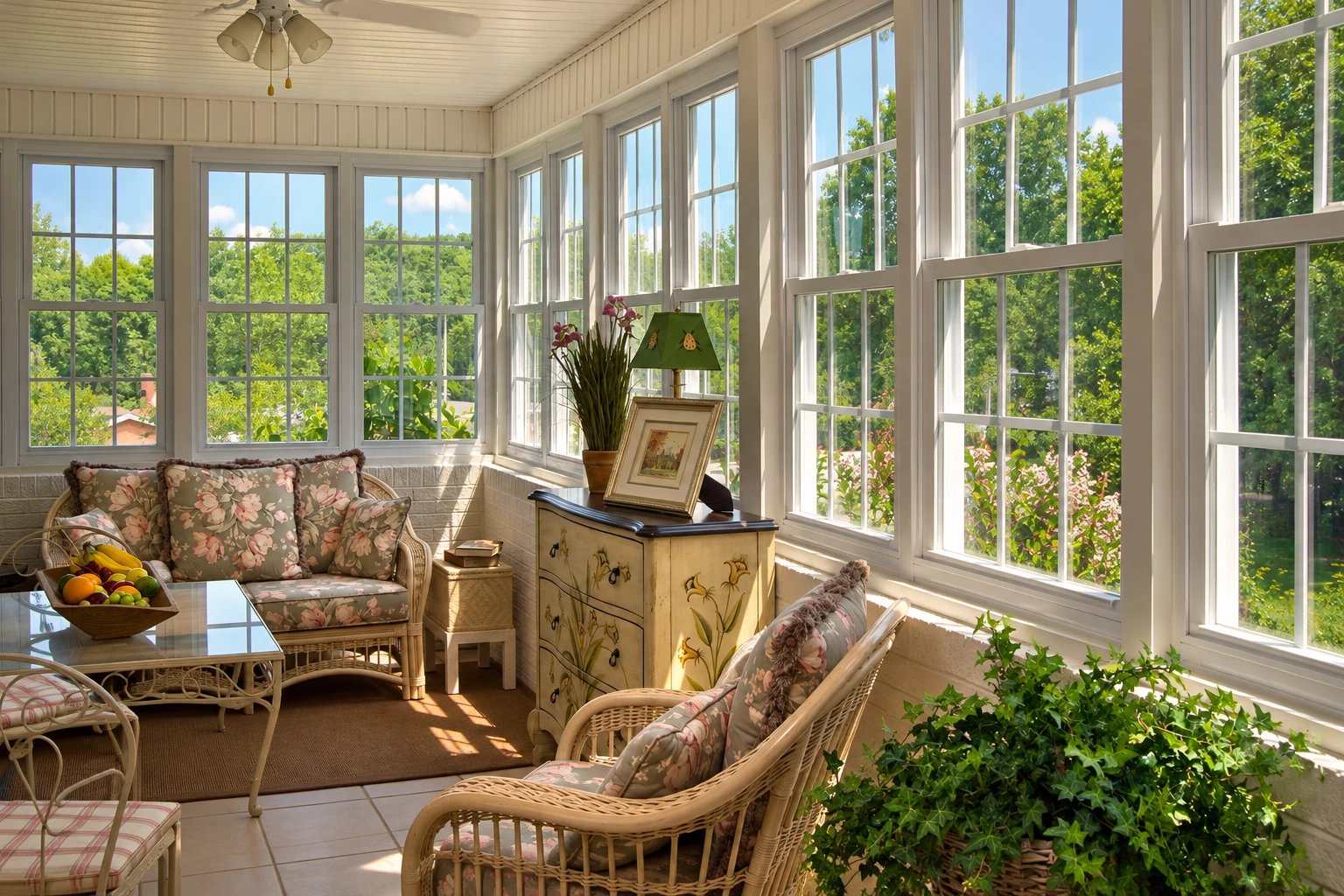Bright vinyl sunroom with large white-grid windows, wicker seating, floral cushions and a small chest overlooking green trees.